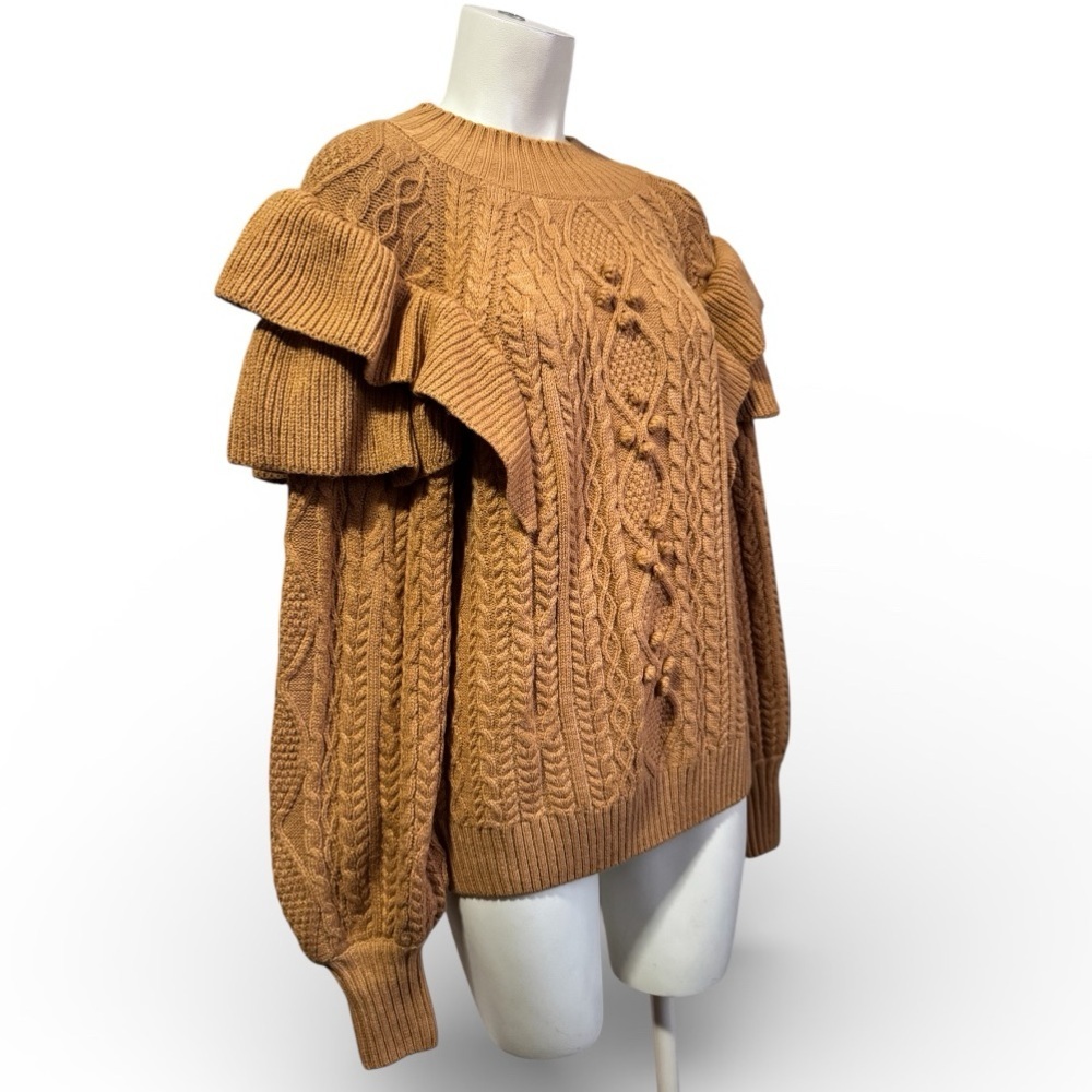 Mustard Cable Knit Ruffle Sweater - Chunky Cozy Fall Pullover - Women’s XL - Picture 4 of 10